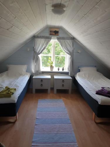 BergshamraCarlberg Rum Loftet的阁楼卧室设有两张床和窗户。