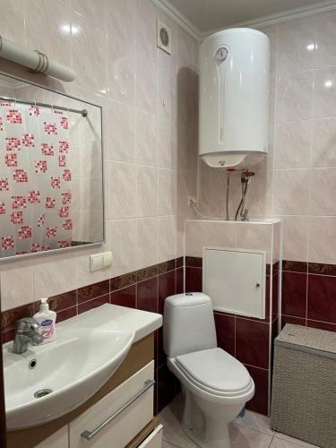 鲍里斯皮尔Boryspil Airport Luxury apartment的浴室配有白色卫生间和盥洗盆。