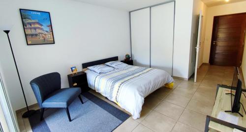MontjolyStudio confort avec jardinet的一间卧室配有一张床和一张蓝色椅子
