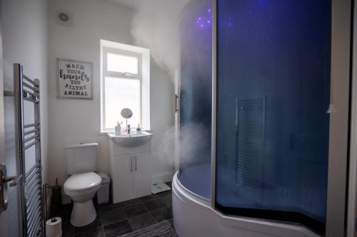 布莱克浦Cavendish Cat and Gaming House的带淋浴、卫生间和盥洗盆的浴室