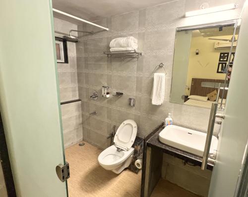 那格浦尔Royal Palms Luxury Service Apartment的一间带卫生间、水槽和镜子的浴室