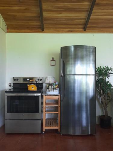 San PedroCasa Zu的厨房配有不锈钢冰箱和炉灶。