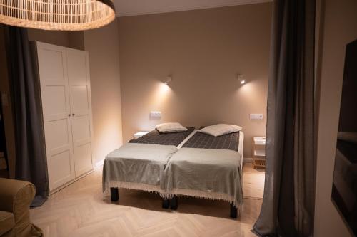 斯卡日斯科-卡缅纳Chill Apartament的一间卧室配有一张床和一个吊灯