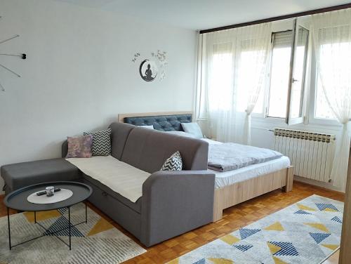 萨拉热窝Apartman F&S - Novo Sarajevo的客厅配有沙发和1张床