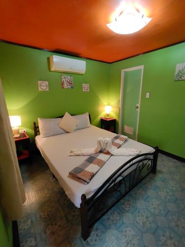 邦劳Adrianas Place Backpackers Hostel的一间卧室设有一张带绿色墙壁的床