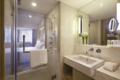 昆明昆明中心假日酒店的一间带水槽和玻璃淋浴的浴室