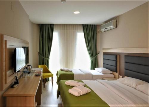 萨姆松Samsun Osmanlı Otel的酒店客房设有两张床和电视。