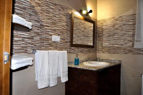 波索阿尔孔Casa rural Molino S CAZORLA PISCINA COMPARTIDA的浴室配有盥洗盆、镜子和毛巾