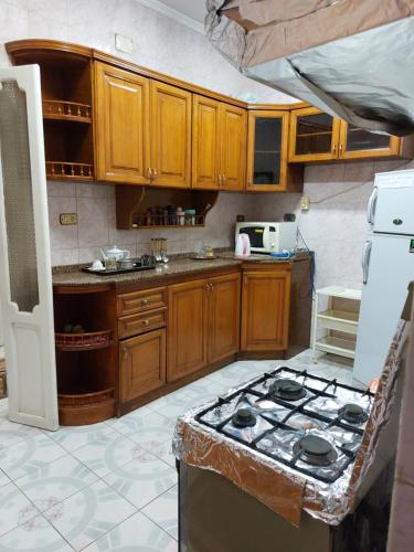 开罗1 bedroom apartment in the heart of Cairo , just 15 minutes from the airport的厨房配有木制橱柜和炉灶烤箱。