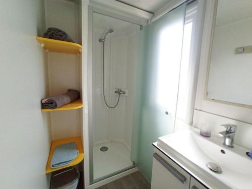马佐Casitas Mobil Home的带淋浴和盥洗盆的浴室