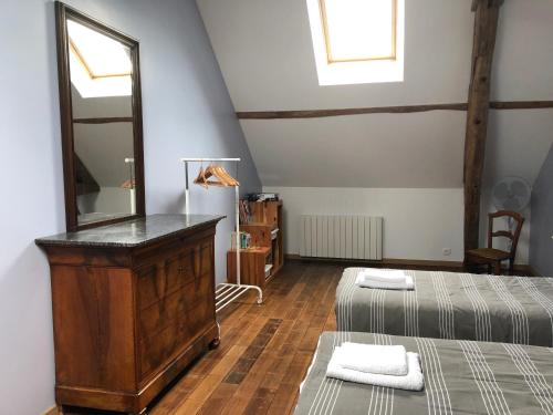 谢尔河畔圣乔治Gite La Vigneronne en Touraine的一间卧室配有两张床和镜子