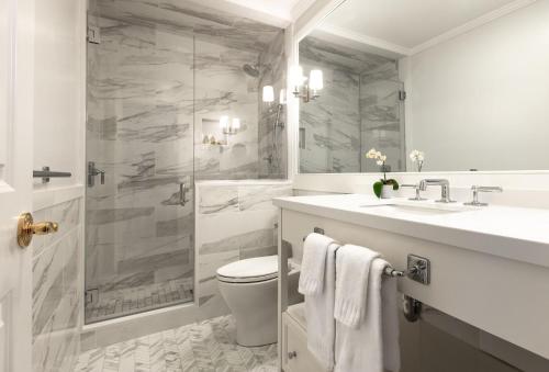 Wauwinet沃威内特纳塔基特酒店的带淋浴、卫生间和盥洗盆的浴室