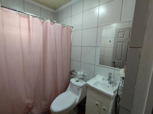 帕拉尔Quinta el Rosal的浴室设有粉红色的淋浴帘和水槽