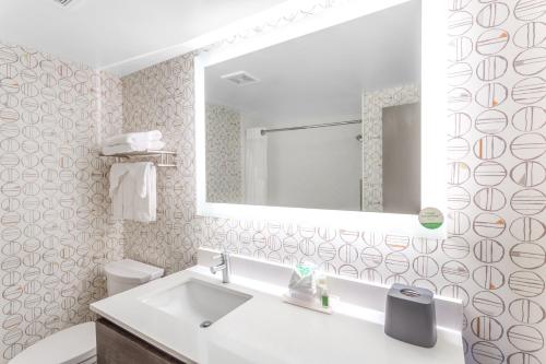 罗克福德罗克福德假日酒店的一间带水槽、镜子和卫生间的浴室