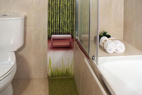 布拉加约奥XXI酒店的浴室设有卫生间和带毛巾的淋浴。