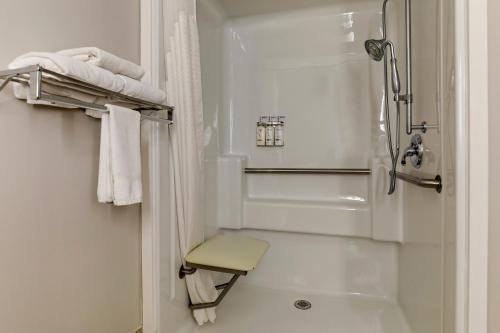 Campbellsville坎贝尔斯维尔智选假日酒店的带淋浴和凳子的白色浴室