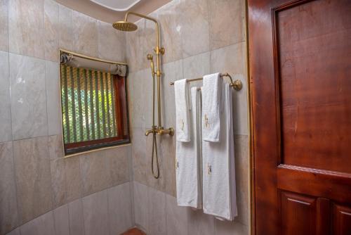 AruaTilenga Safari Lodge的浴室提供2条白色毛巾和淋浴。