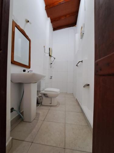 阿鲁甘湾Etnico Surf Resort的一间带卫生间、水槽和镜子的浴室