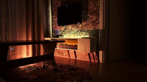 埃迪尔内Edirne House的客厅设有壁炉,上面配有电视