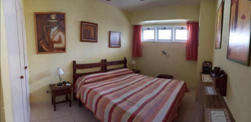 圣地亚哥港Apartamento Osos的一间卧室配有一张带条纹床罩的床和窗户
