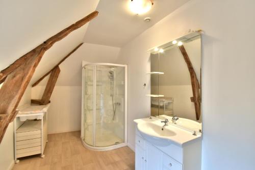 SainsGite Mont Saint Michel "AUCOEURDELABAIE"的一间带玻璃淋浴和水槽的浴室