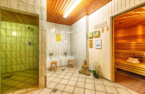瓦尔多夫乐纳尔德海德贝格瓦尔道夫酒店的带淋浴和浴缸的大浴室