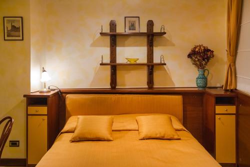 布拉格汀斯卡公寓式酒店的卧室配有一张床铺,墙上有两个架子