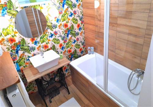 赛特古特哈德D16 Apartman的带浴缸、水槽和淋浴的浴室