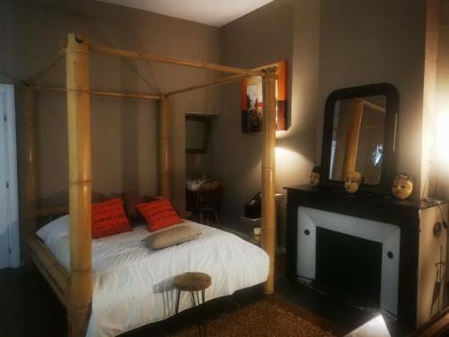 埃皮纳勒Appartement Mayolles的一间卧室配有四柱床和电视。