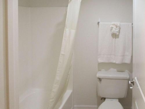 弗雷斯诺行政旅馆的浴室设有卫生间、浴缸和毛巾。