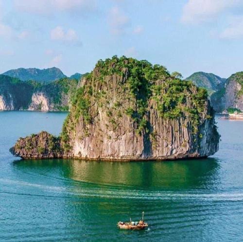 Xuan DamBee lucky homestay cat ba Island的水面上小岛前的船