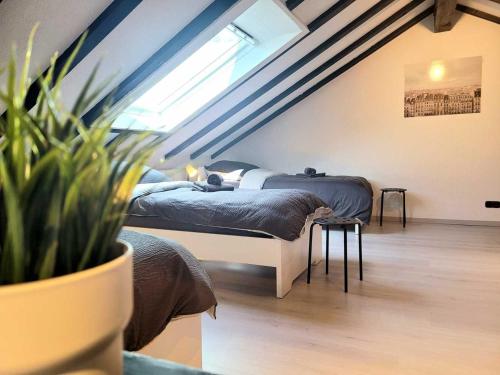 GedernCozy & Modern 4 Room Flat near Hanau的一间卧室设有两张床和盆栽植物