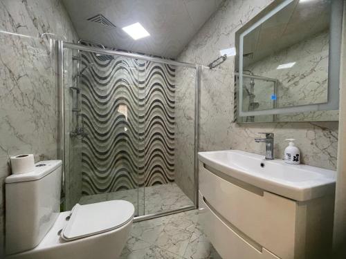 巴库Luxe Azure Apartment的带淋浴、卫生间和盥洗盆的浴室