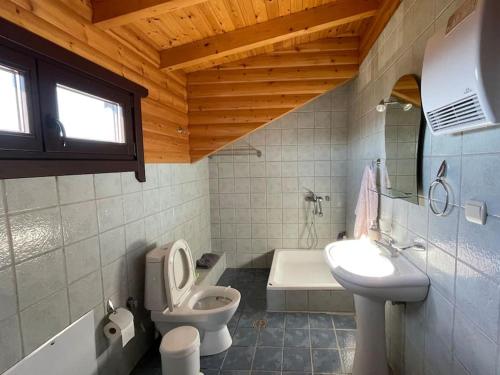 Chalet Klimatia - Όμορφη ξύλινη μεζονέτα με τζάκι的浴室配有卫生间、盥洗盆和浴缸。