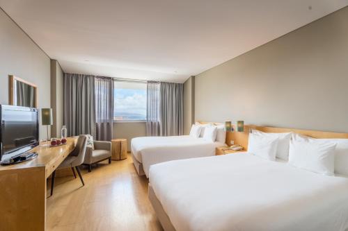 蓬塔德尔加达The Lince Azores的酒店客房设有两张床和电视。