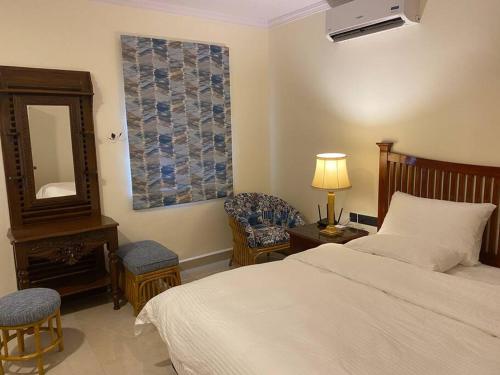 贝托贝提姆1 BHK Luxury Beachside Homestay in South Goa的一间卧室配有一张床、镜子和椅子