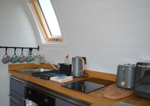 BroomeGoat Hill Lodge的厨房配有带水槽和炉灶的台面