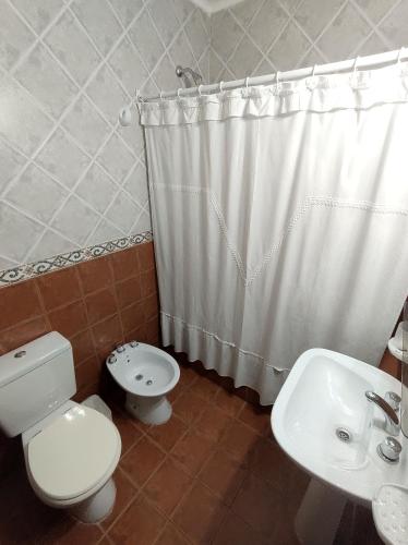 科隆Costa Norte Hostería的浴室配有卫生间、盥洗盆和淋浴。