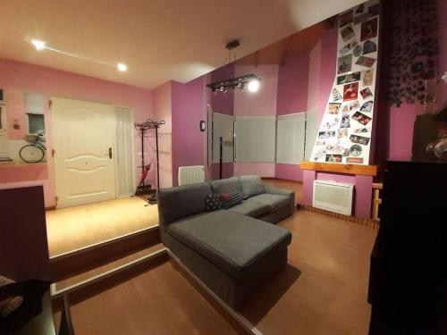 罗德里戈城Ciudad Rodrigo La Casa Azul的带沙发和粉红色墙壁的客厅