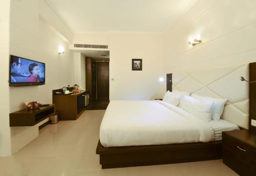 阿格拉Hotel Crimson Palace的一间酒店客房,配有一张床和一台电视