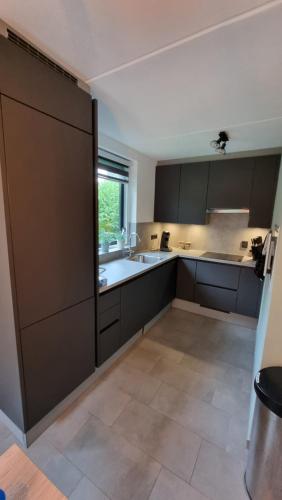 EwijkVakantiewoning Maas en Waal的一间设有黑色橱柜和窗户的大厨房