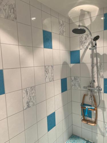 莱鲁斯Au doux passage的浴室设有蓝色和白色瓷砖淋浴。