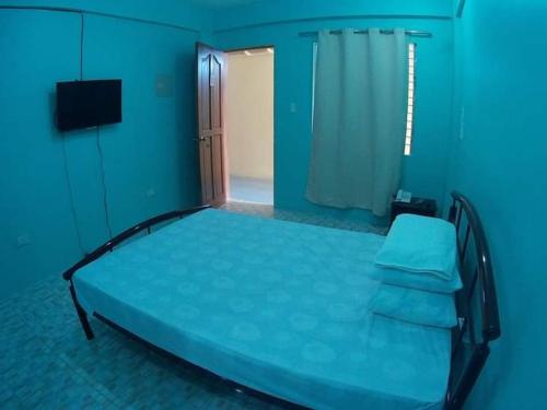 宿务Cebu Leisure Lodge的蓝色的客房设有床和窗户。