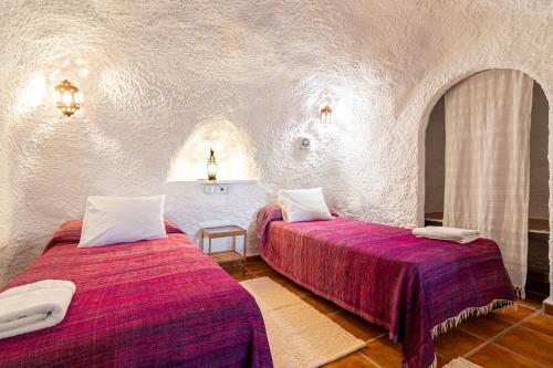 格拉纳达Cuevas El Abanico - VTAR vivienda turística de alojamiento rural的石头房中带两张床的房间