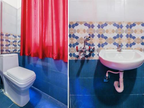 海得拉巴HZ INN的浴室的两张照片,配有卫生间和水槽