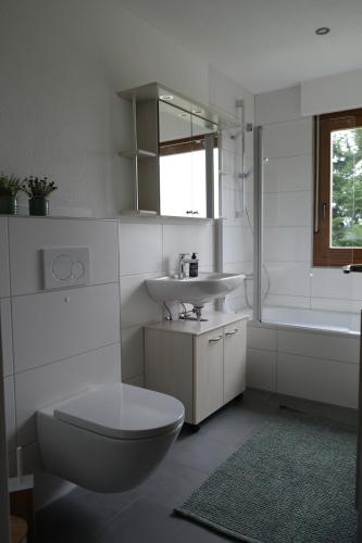 Ferienwohnung Casa Bella的浴室配有卫生间、盥洗盆和浴缸。