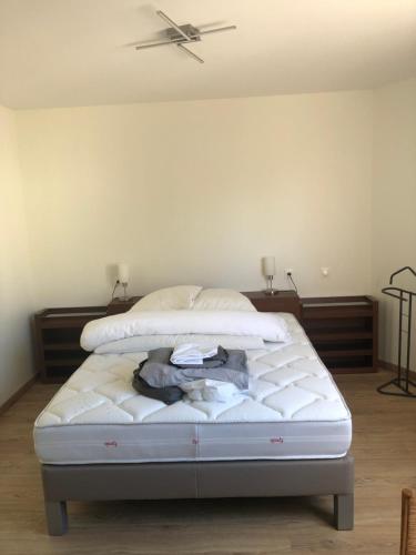 Saint-Malon-sur-MelRésidence Merlin Appartement Arthur的配有吊扇的客房内的一张床位