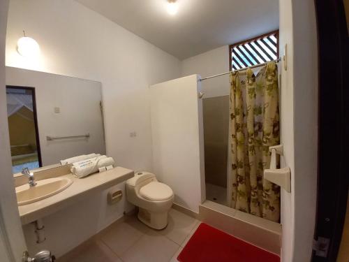 曼克拉Mancora y Sol的一间带水槽、卫生间和淋浴的浴室