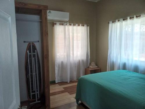 CanouanCozy 2 bedroom beachfront cabin的一间卧室设有一张绿色的床和一个窗户。
