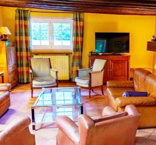 Belle maison de campagne au cœur de la nature - Maneva Appart的带沙发和椅子的客厅以及电视